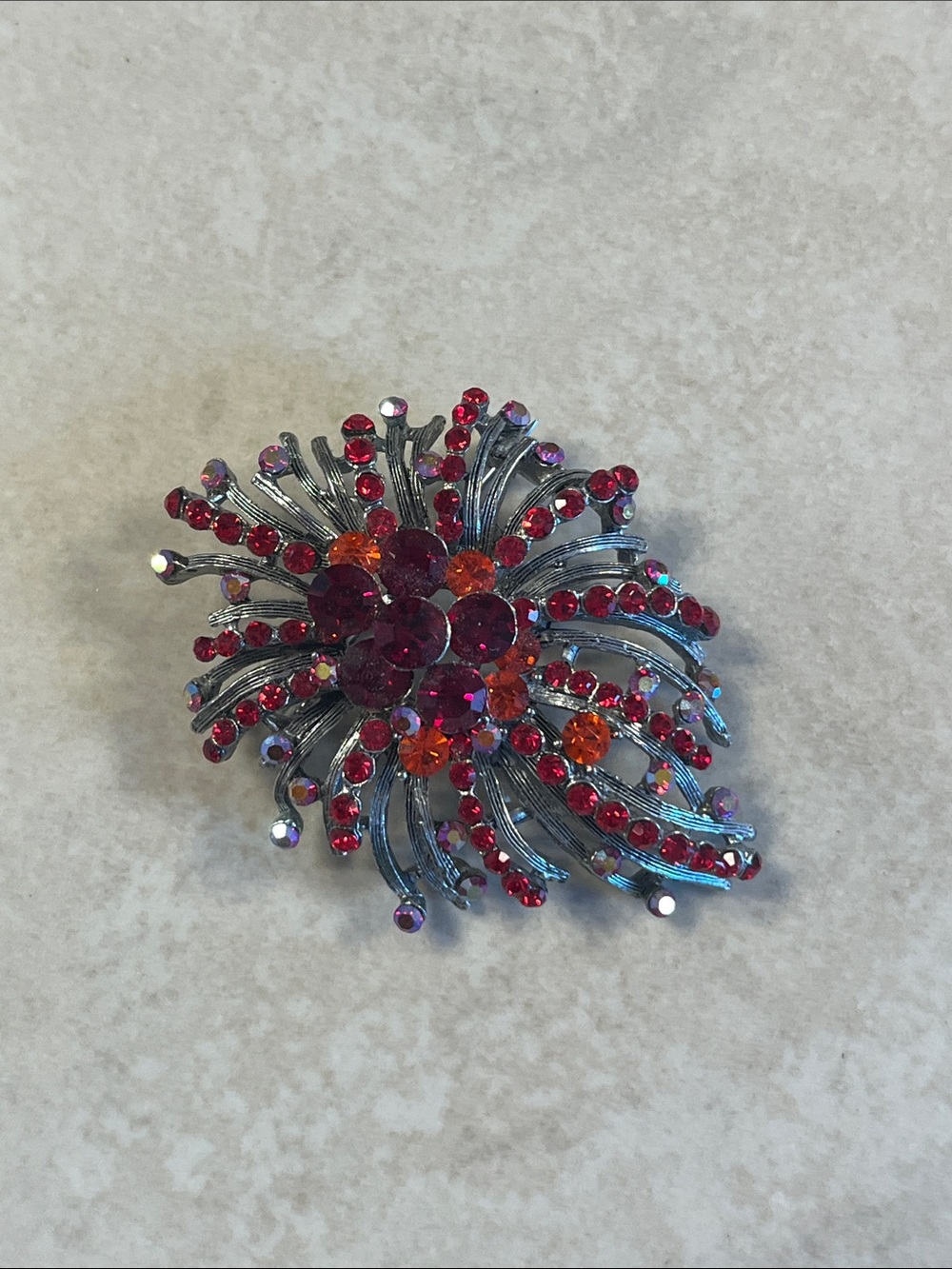 Rhinestone Red Floral Burst Brooch